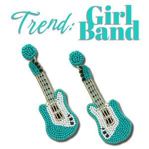 Turquoise Blue Seed Beaded Rocker Chic Guitar Statement Earrings NEW